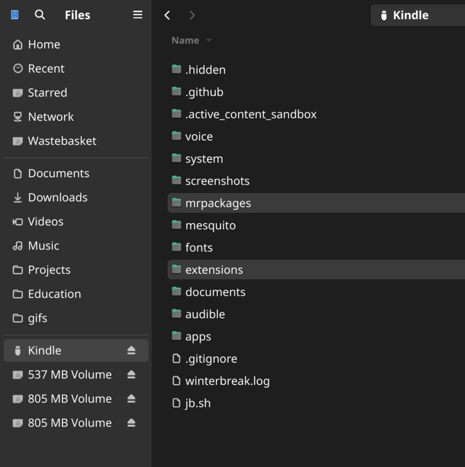 extensions/ 和 mrpackages/ 复制到 Kindle 根目录
